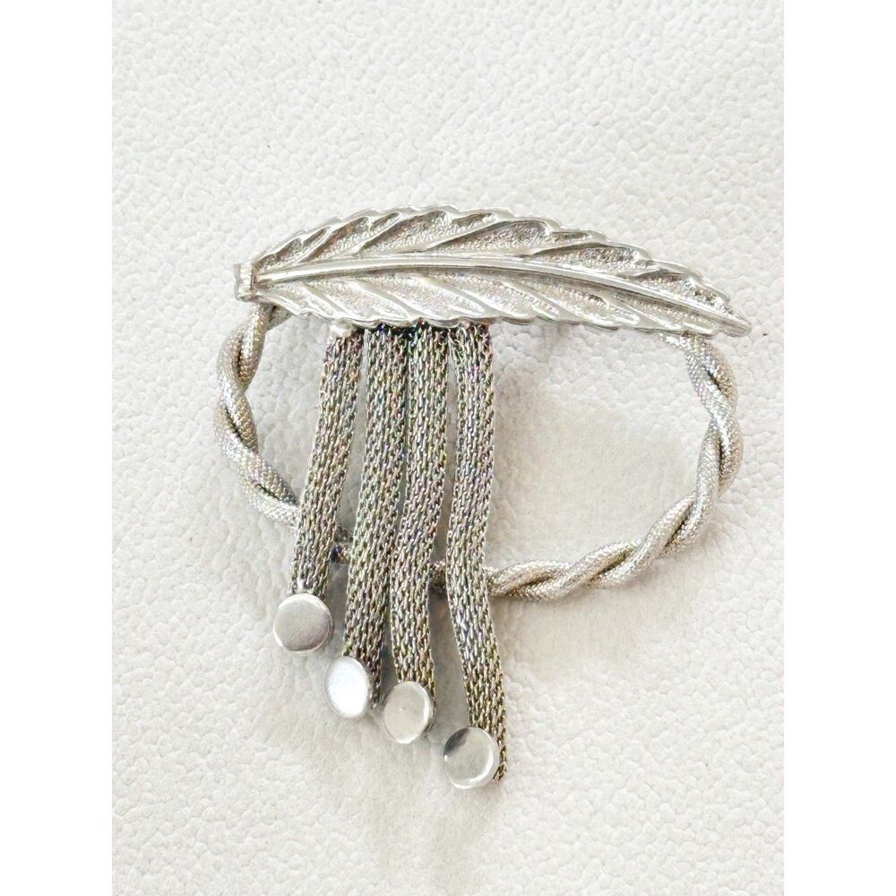 Vintage Silver-Tone Leaf & Chain Tassel Brooch